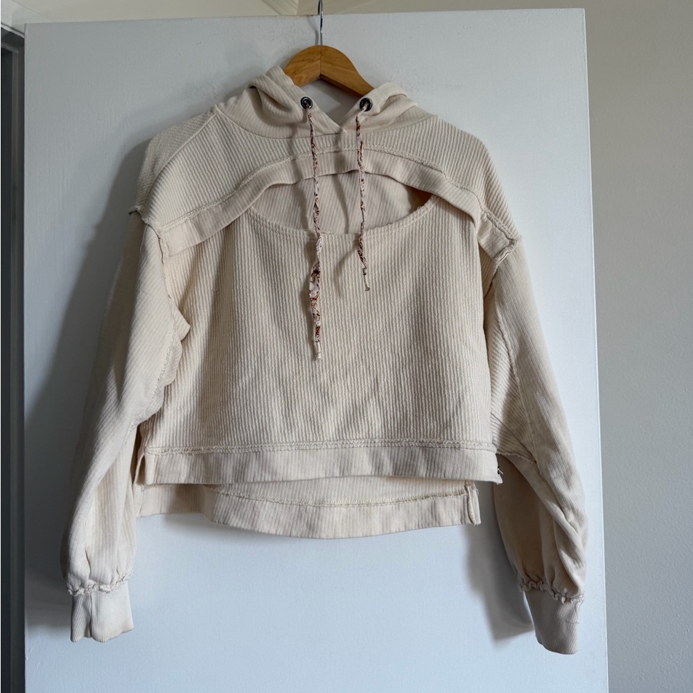 Anthropologie Pilcro Ivory Ribbed Cut Out Hoodie Top size XS EUC - Picture 4 of 8